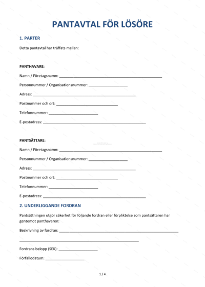 Första sidan av ett pantavtal för lösöre (A4) med text, rubrik och underskriftsfält