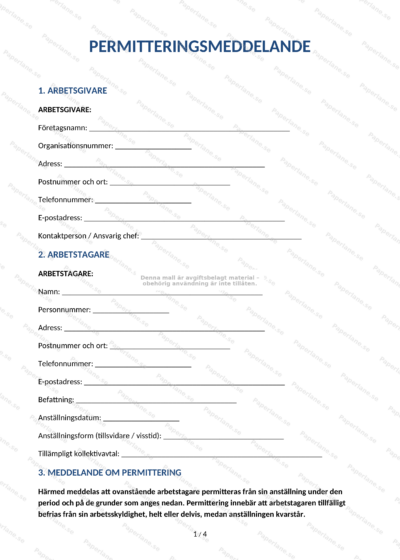 Första sidan av ett permitteringsmeddelande i A4-format, textdokument med rubrik