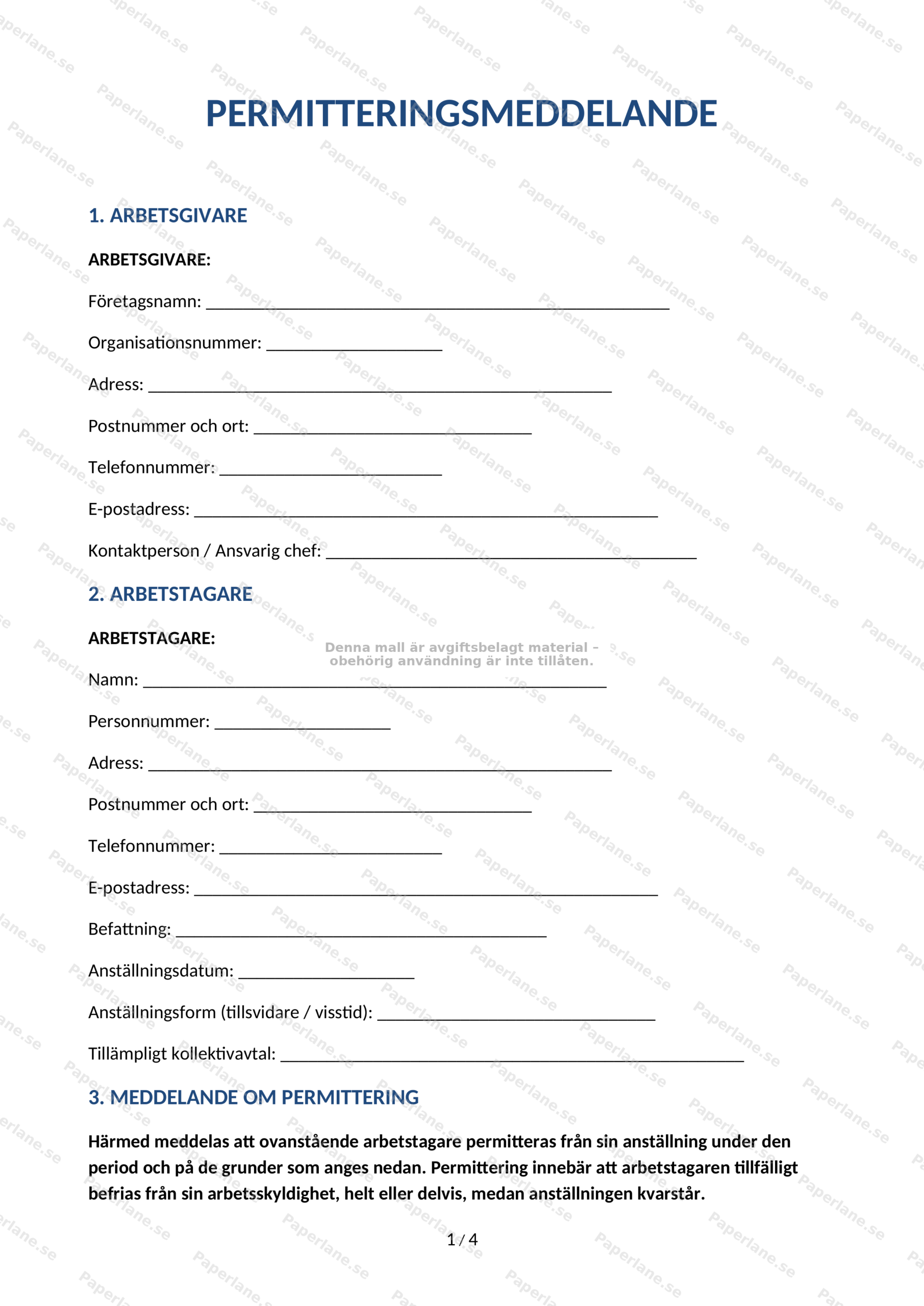 Första sidan av ett permitteringsmeddelande i A4-format, textdokument med rubrik