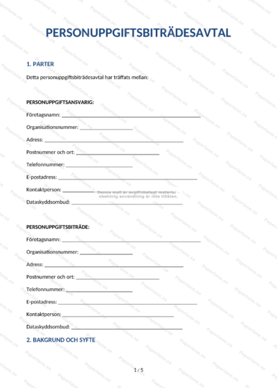 A4-dokument, första sidan av ett personuppgiftsbiträdesavtal med rubrik och löpande text