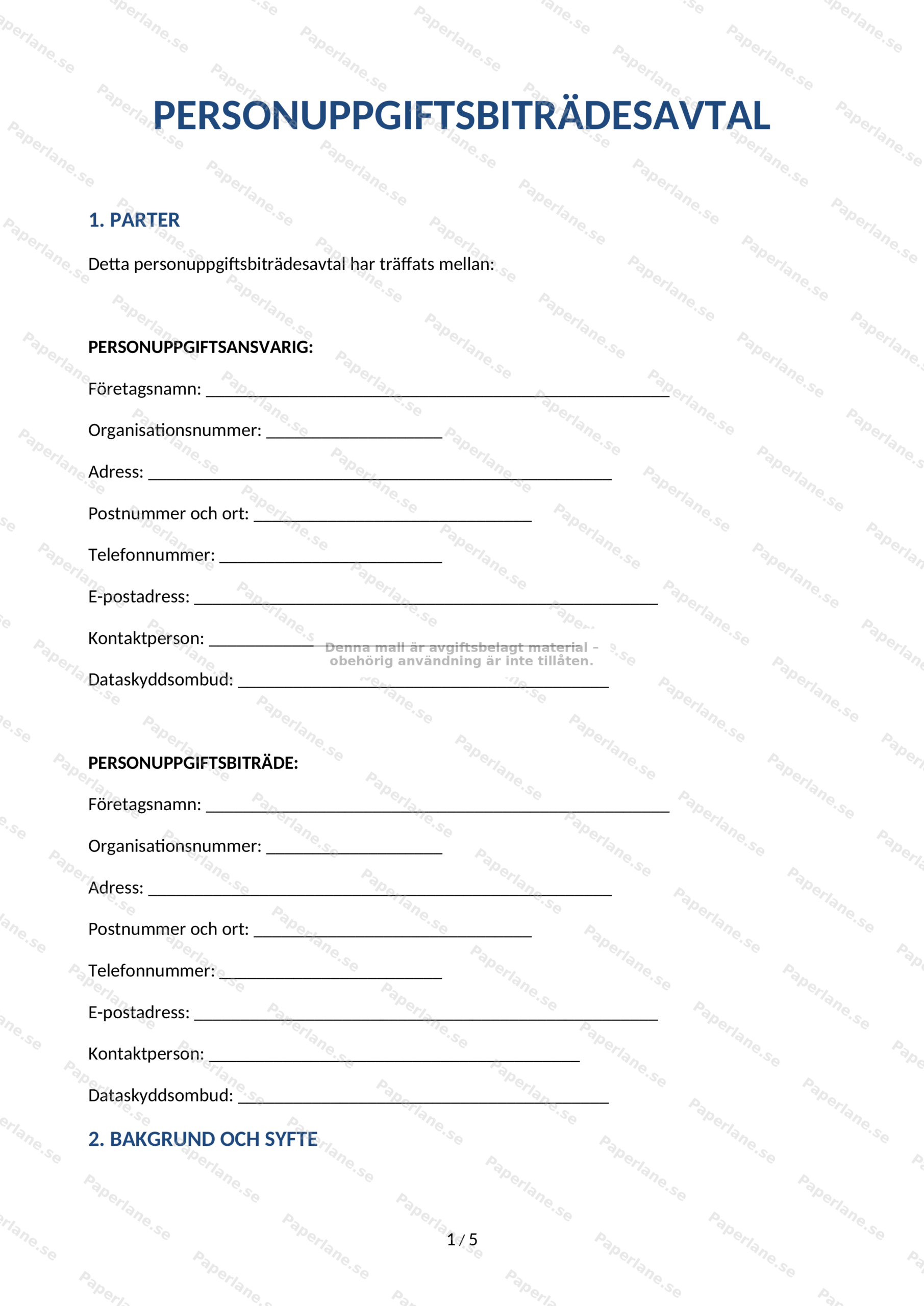 A4-dokument, första sidan av ett personuppgiftsbiträdesavtal med rubrik och löpande text