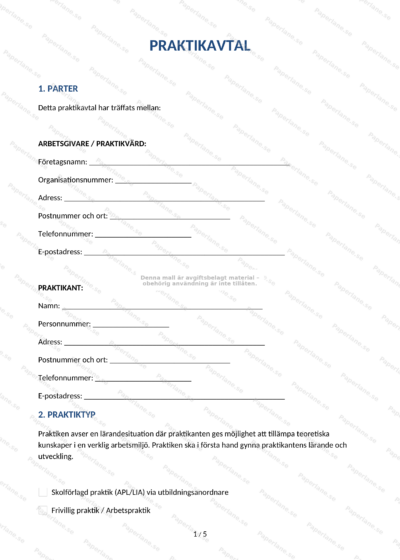 Första sidan av ett praktikavtal (A4) med text, rubriker och underskriftsfält