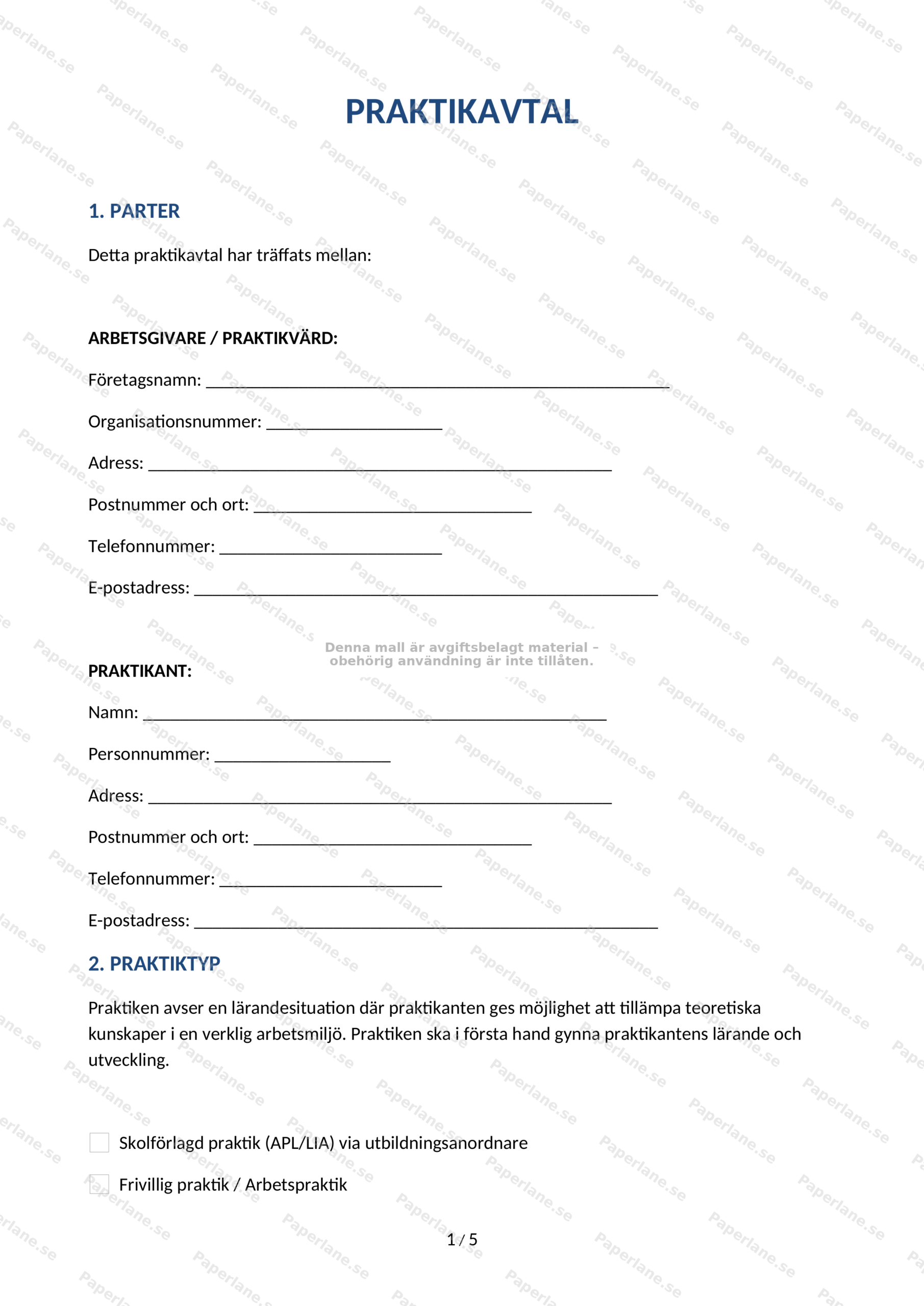 Första sidan av ett praktikavtal (A4) med text, rubriker och underskriftsfält
