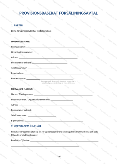 Första sidan av provisionsbaserat försäljningsavtal i A4-format, textdokument med rubriker och paragrafindelning