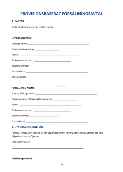 Första sidan av provisionsbaserat försäljningsavtal i A4-format, textdokument med rubriker och paragrafindelning
