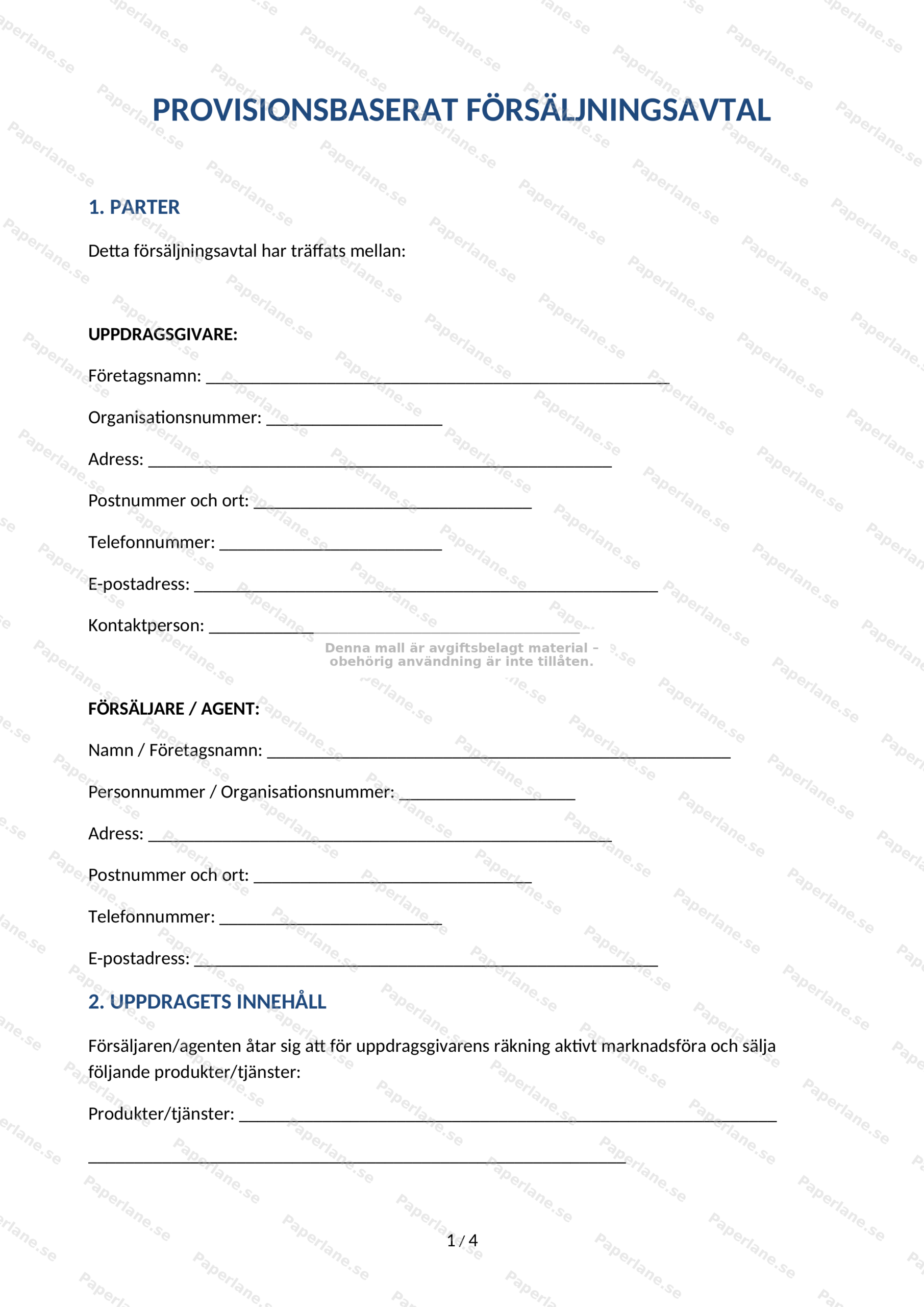 Första sidan av provisionsbaserat försäljningsavtal i A4-format, textdokument med rubriker och paragrafindelning