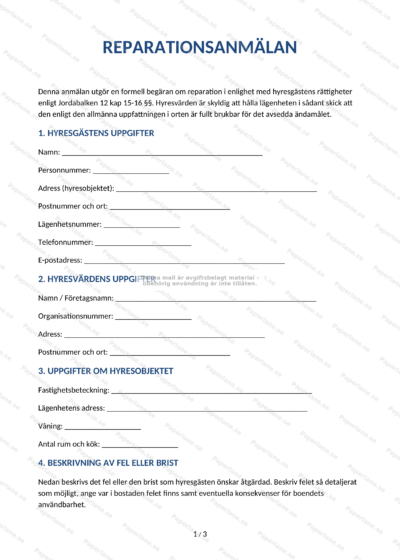Första sidan av en A4-blankett för reparationsanmälan med formulärfält och rubriker