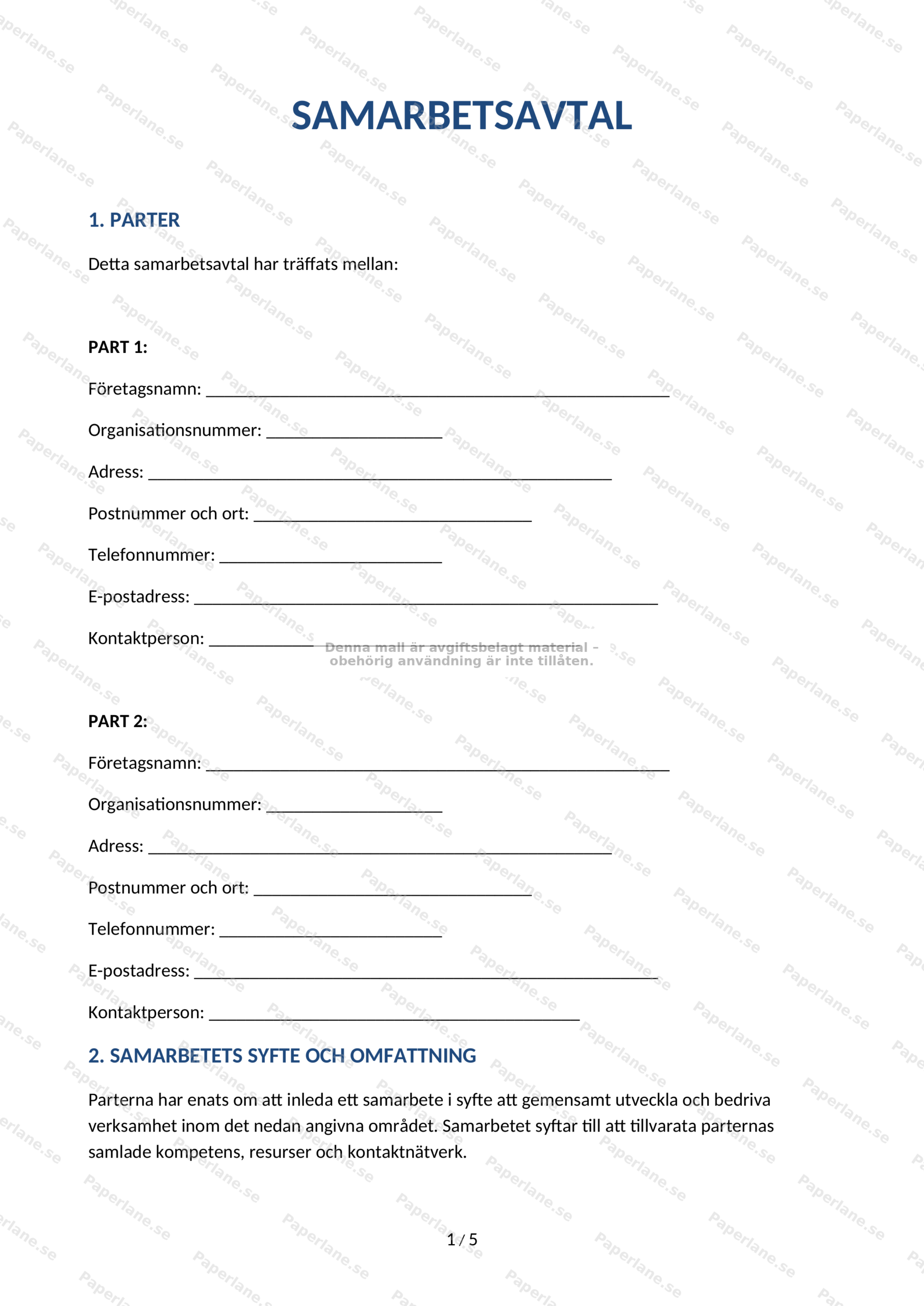 Första sidan av ett A4-samarbetsavtal med rubrik Samarbetsavtal, löpande text och underskriftsfält