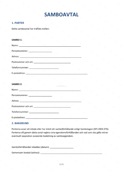 Första sidan av ett A4-samboavtal: textdokument med rubrik, avsnittstext och plats för underskrifter.