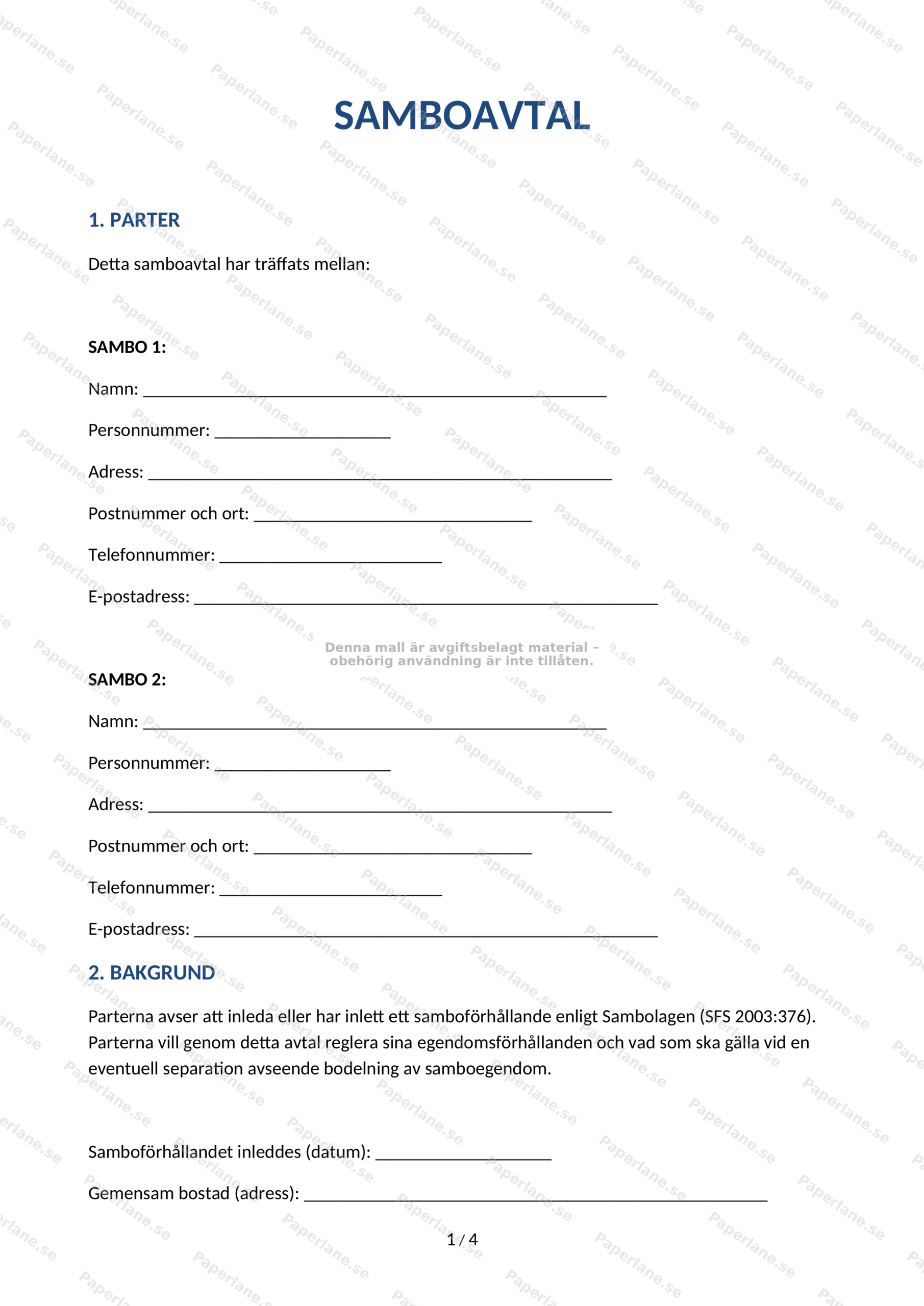 Första sidan av ett A4-samboavtal: textdokument med rubrik, avsnittstext och plats för underskrifter.