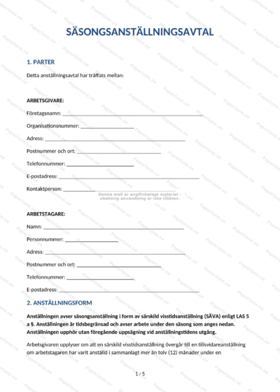 Första sidan av säsongsanställningsavtal i A4-format med text och rubriker