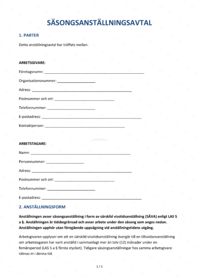 Första sidan av säsongsanställningsavtal i A4-format med text och rubriker