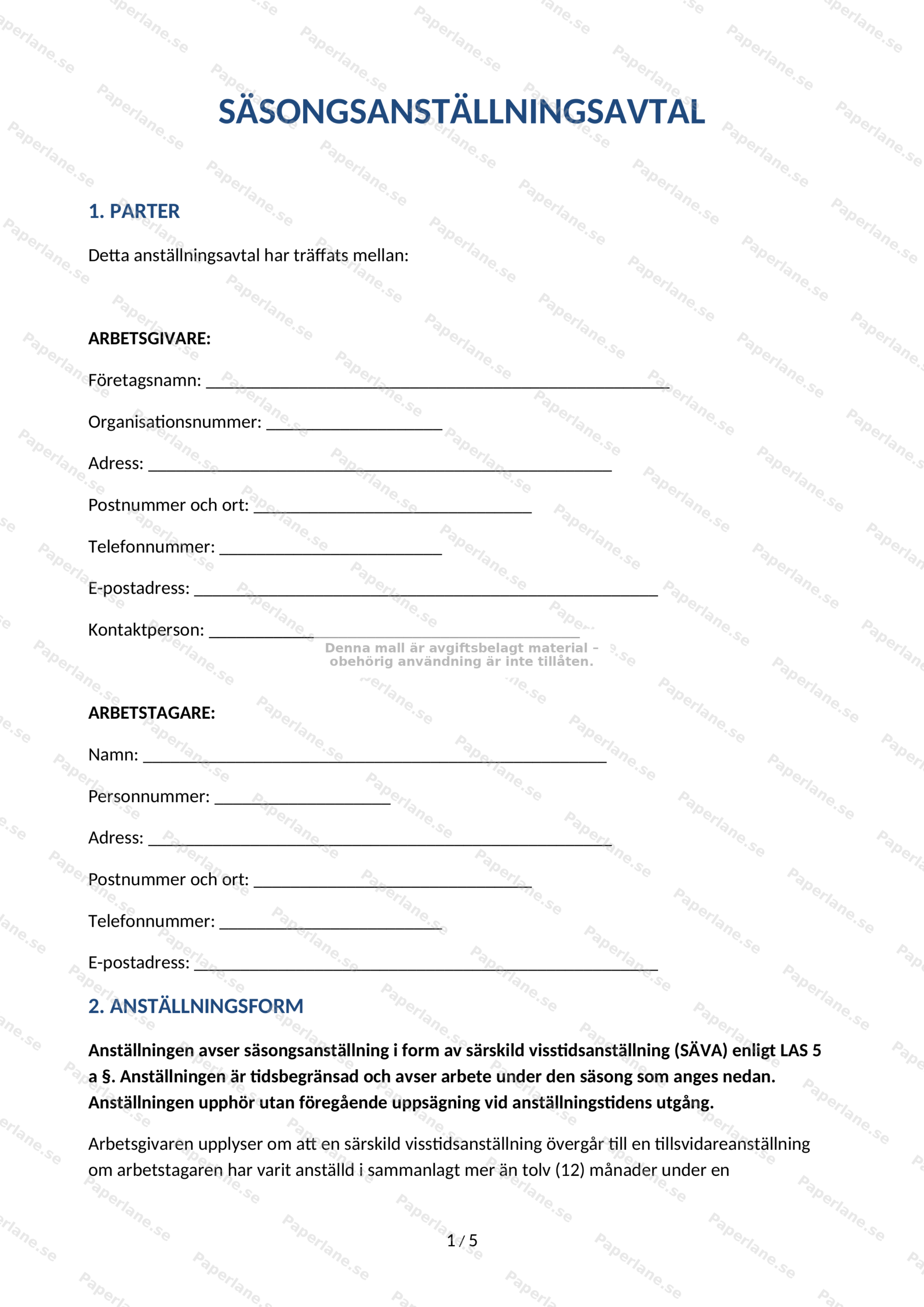 Första sidan av säsongsanställningsavtal i A4-format med text och rubriker