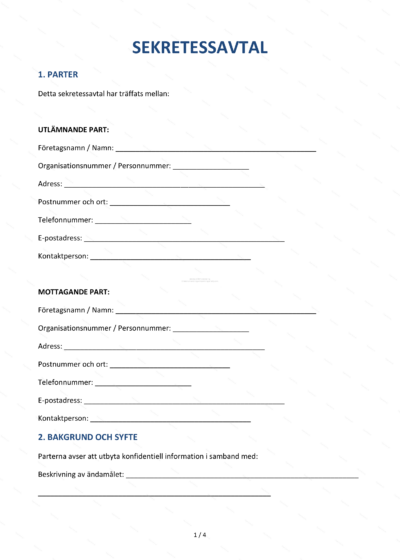 Första sidan av ett A4-sekretessavtal, tryckt text med rubrik, paragrafer och underskriftsfält