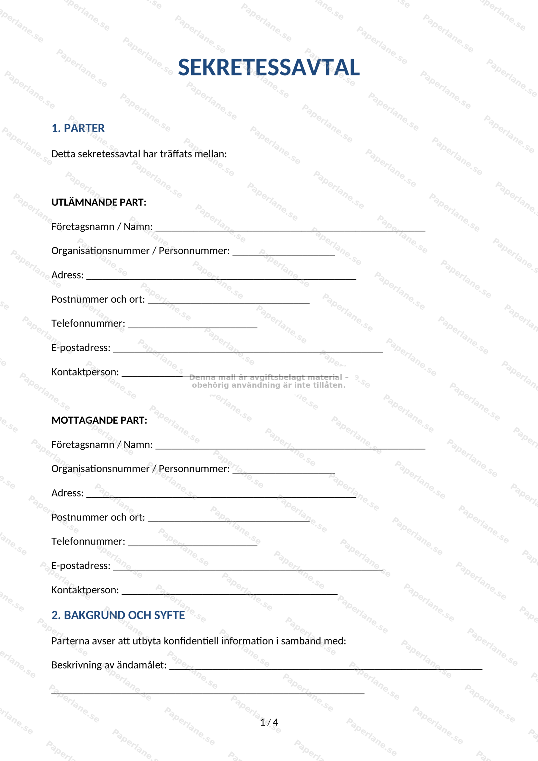 Första sidan av ett A4-sekretessavtal, tryckt text med rubrik, paragrafer och underskriftsfält