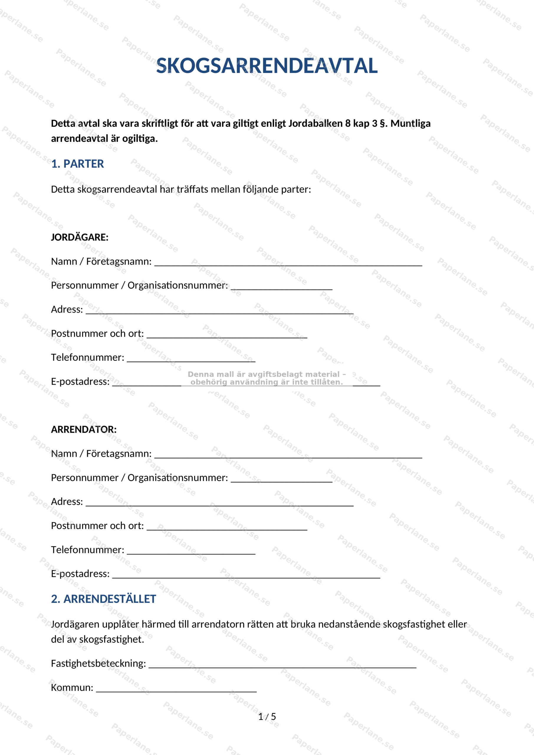 Första sidan av ett skogsarrendeavtal i A4-format med rubrik, text och plats för underskrifter