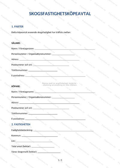 Första sidan av skogsfastighetsköpeavtal på A4-papper med text och rubriker