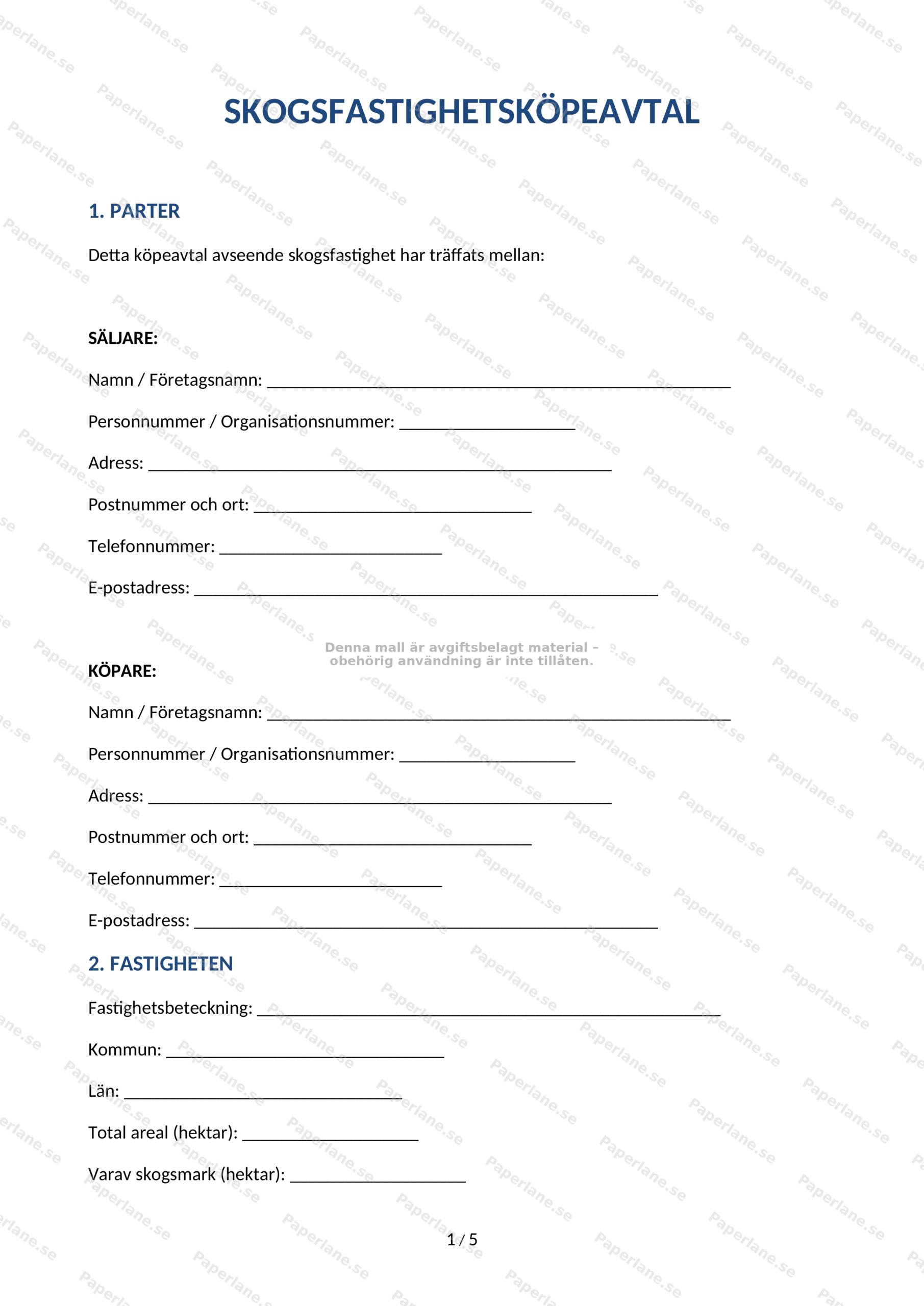 Första sidan av skogsfastighetsköpeavtal på A4-papper med text och rubriker