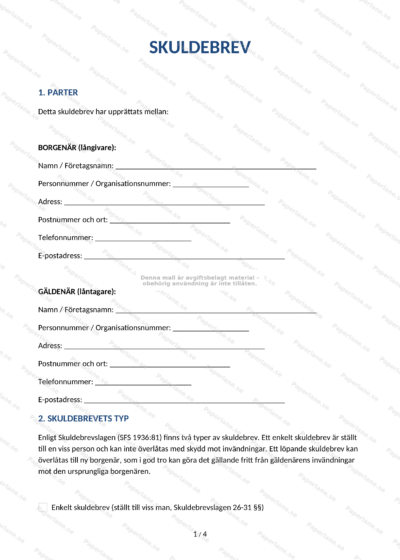 Första sidan av ett A4-skuldebrev, skriftligt dokument med tryckt text, underskrift och stämpel