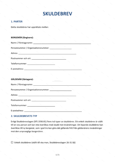 Första sidan av ett A4-skuldebrev, skriftligt dokument med tryckt text, underskrift och stämpel