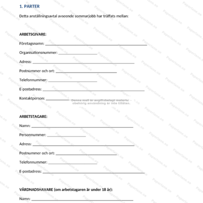 Första sidan av ett A4 sommarjobbsavtal med rubrik, paragraftext och utrymme för underskrifter.