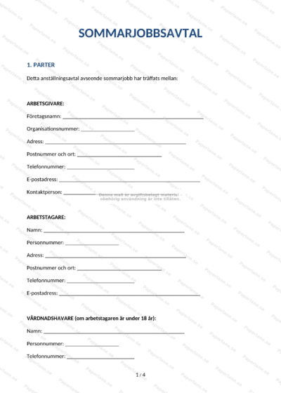 Första sidan av ett A4 sommarjobbsavtal med rubrik, paragraftext och utrymme för underskrifter.