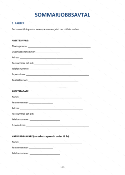 Första sidan av ett A4 sommarjobbsavtal med rubrik, paragraftext och utrymme för underskrifter.