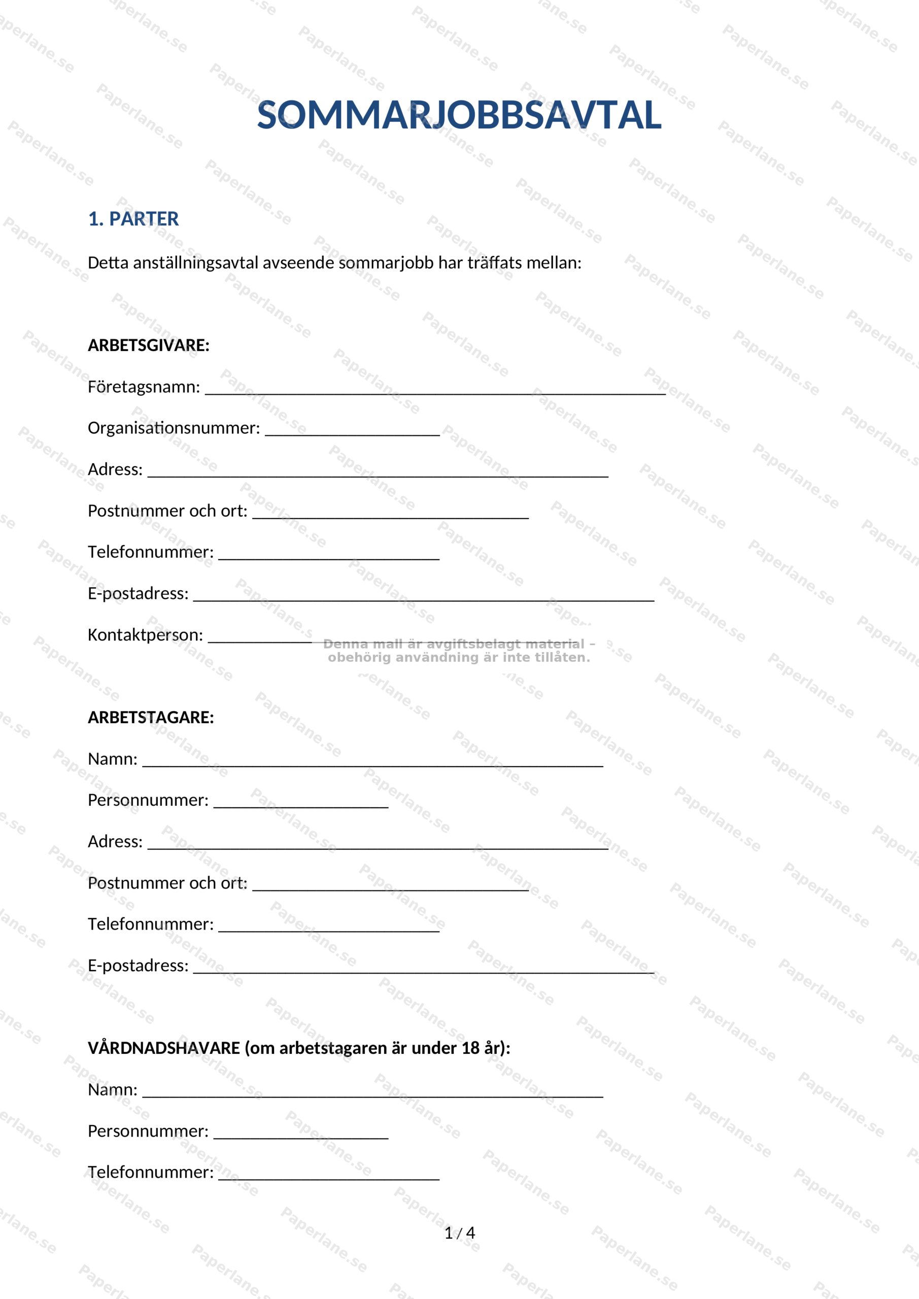 Första sidan av ett A4 sommarjobbsavtal med rubrik, paragraftext och utrymme för underskrifter.