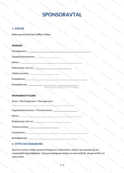 Första sidan av ett A4-sponsoravtal på papper