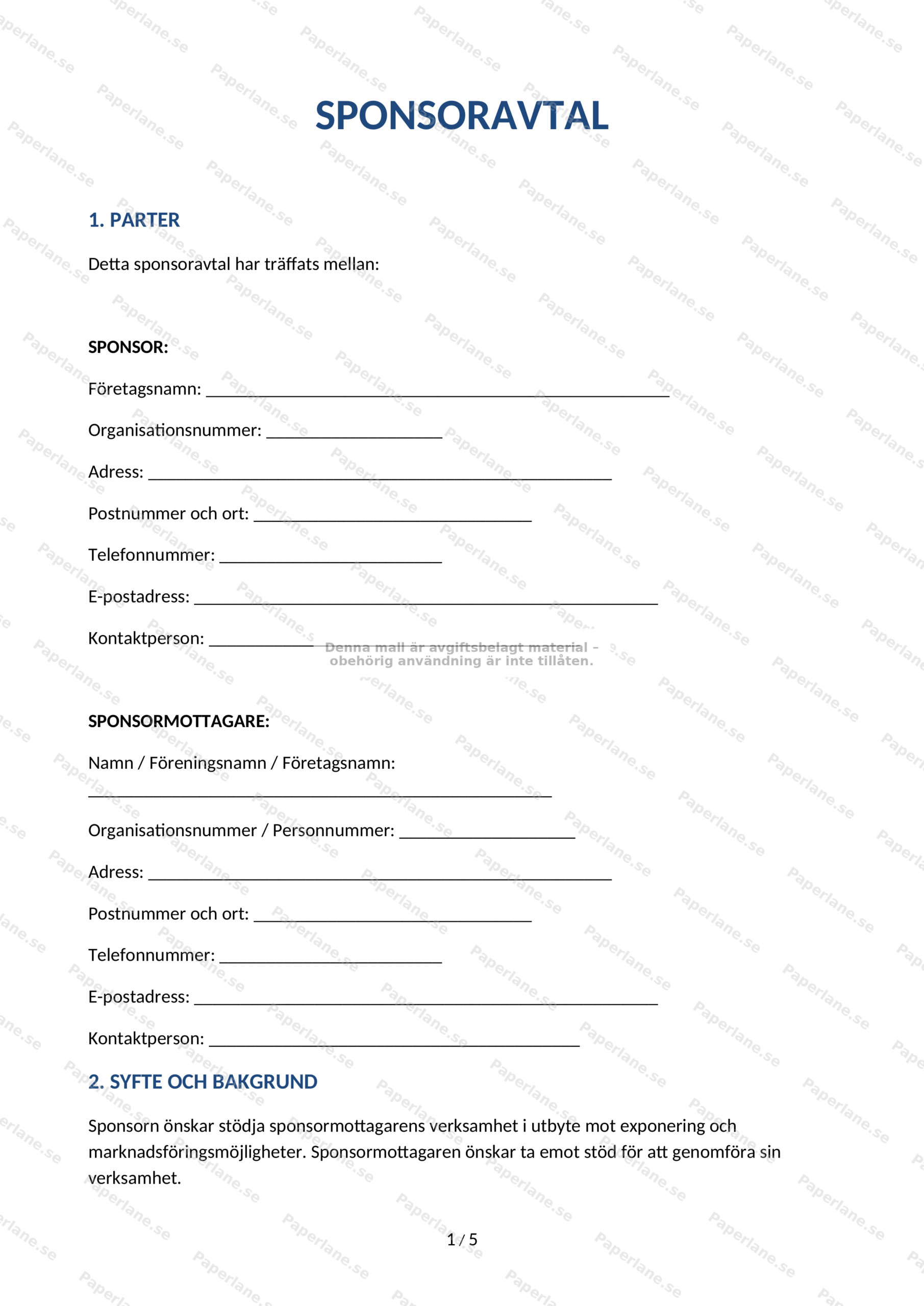 Första sidan av ett A4-sponsoravtal på papper