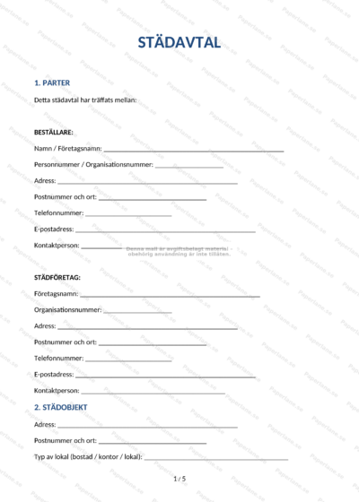 Första sidan av ett A4-städavtal, skannad sida med rubrik och avtalsvillkor