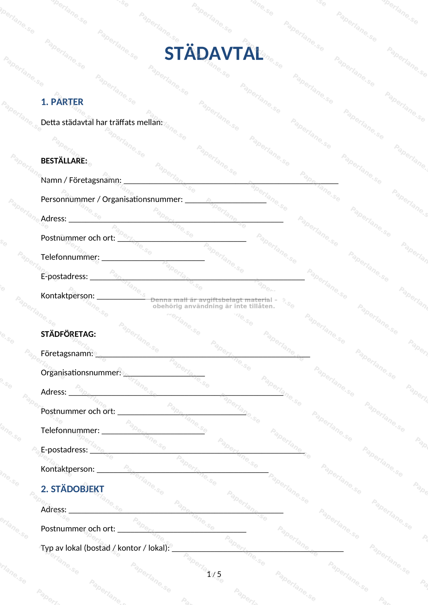 Första sidan av ett A4-städavtal, skannad sida med rubrik och avtalsvillkor
