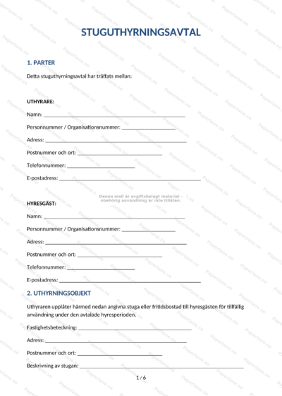 Första sidan av stuguthyrningsavtal (A4) med rubrik, avtalstext och underskriftsfält.