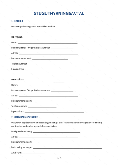 Första sidan av stuguthyrningsavtal (A4) med rubrik, avtalstext och underskriftsfält.