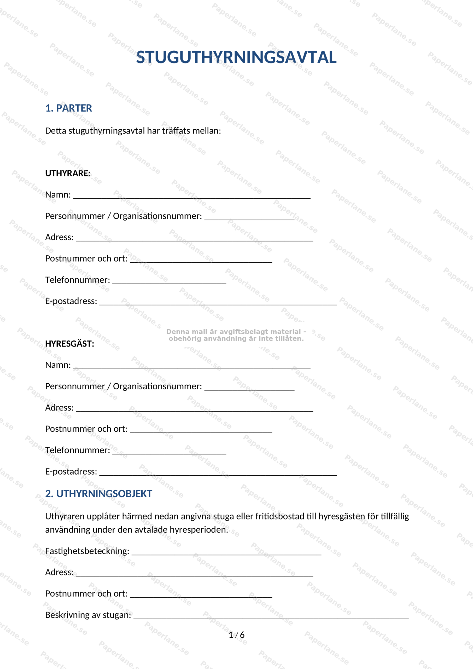 Första sidan av stuguthyrningsavtal (A4) med rubrik, avtalstext och underskriftsfält.