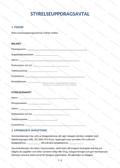 Första sidan av A4: styrelseuppdragsavtal med rubriker, löptext och signaturfält