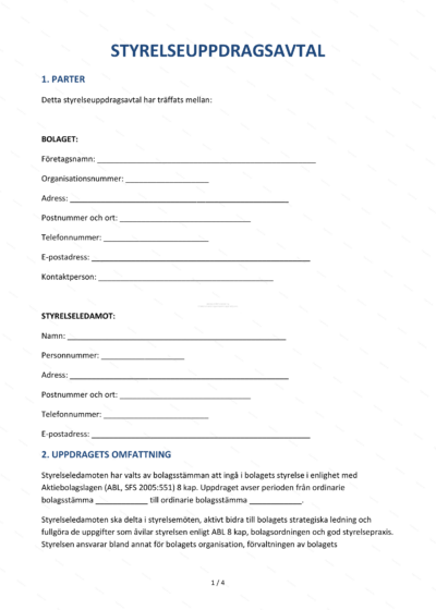 Första sidan av A4: styrelseuppdragsavtal med rubriker, löptext och signaturfält