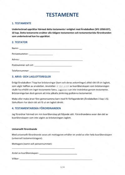 Första sidan av ett testamente på A4-papper, utskrivet dokument med text