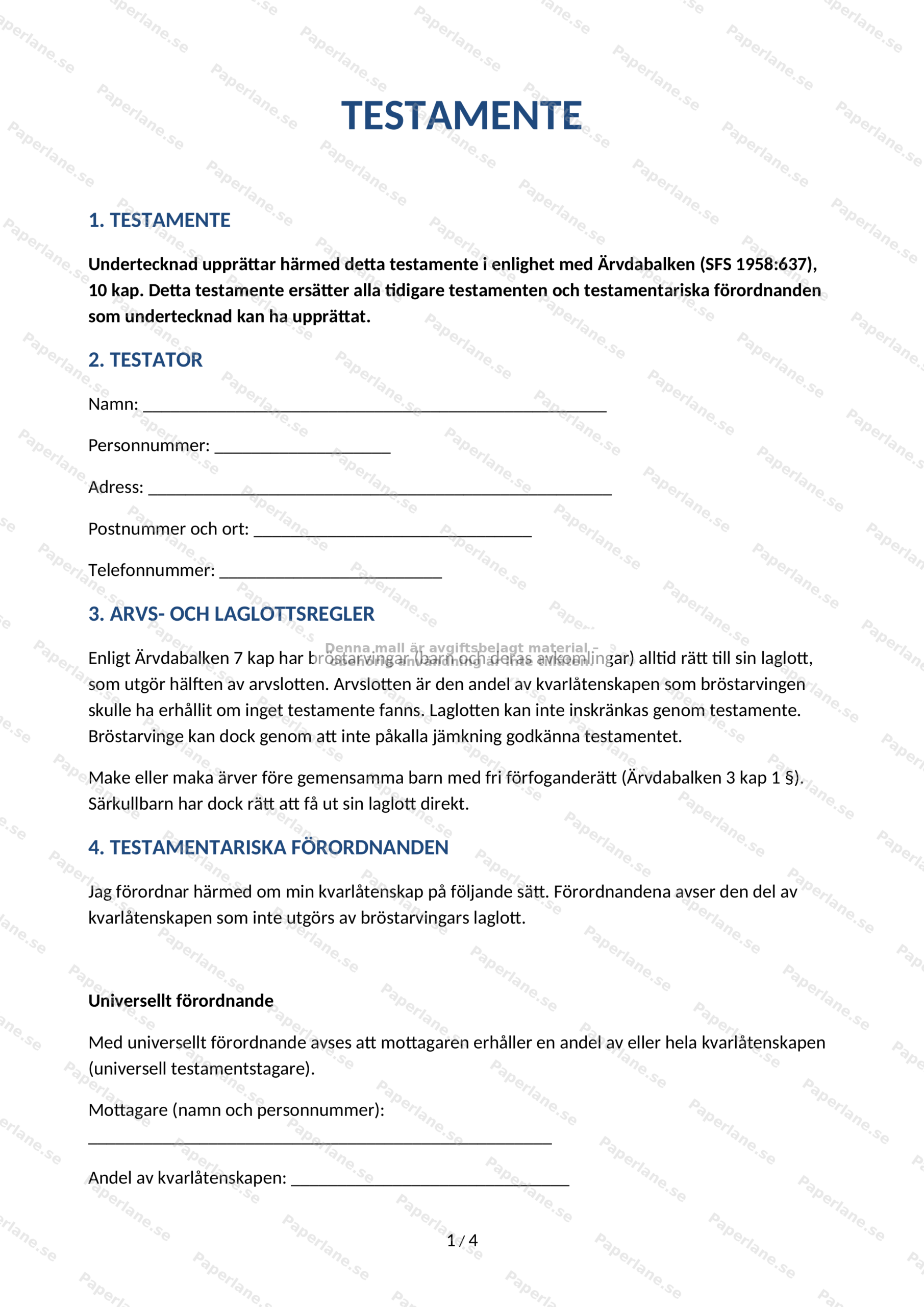 Första sidan av ett testamente på A4-papper, utskrivet dokument med text