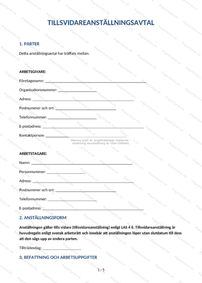 Första sidan av ett tillsvidareanställningsavtal i A4-format, textdokument med rubriker och underskriftsfält