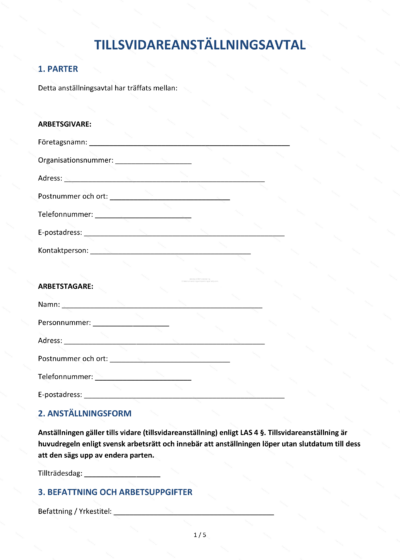 Första sidan av ett tillsvidareanställningsavtal i A4-format, textdokument med rubriker och underskriftsfält