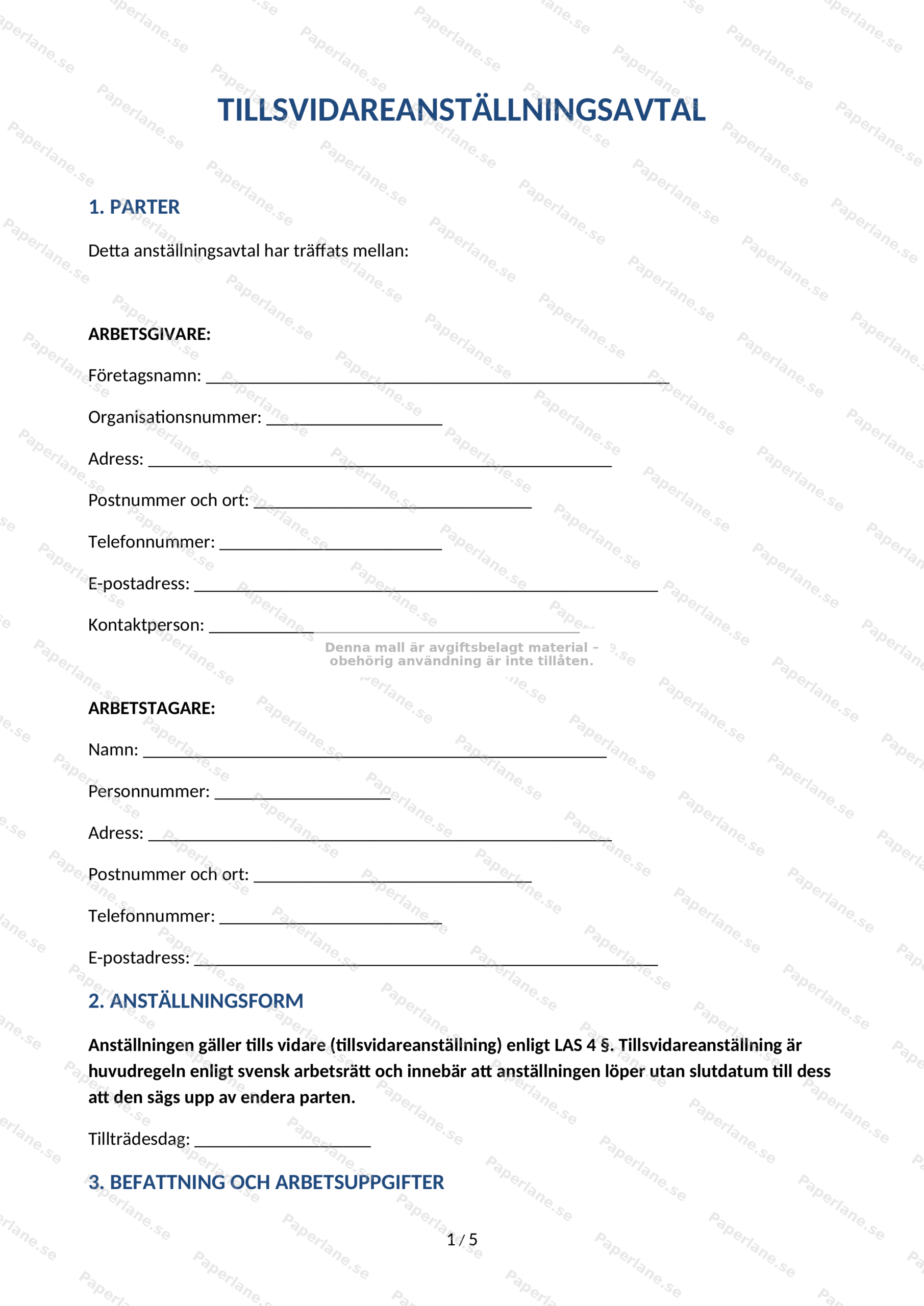 Första sidan av ett tillsvidareanställningsavtal i A4-format, textdokument med rubriker och underskriftsfält
