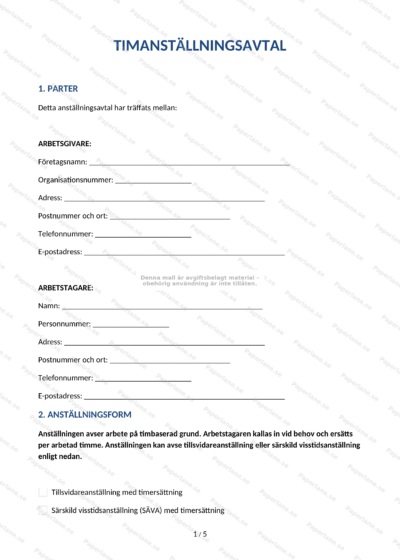 Första sidan av timanställningsavtal i A4-format, textdokument med rubriker, paragrafer och plats för underskrift.