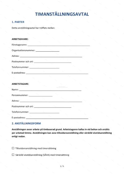 Första sidan av timanställningsavtal i A4-format, textdokument med rubriker, paragrafer och plats för underskrift.