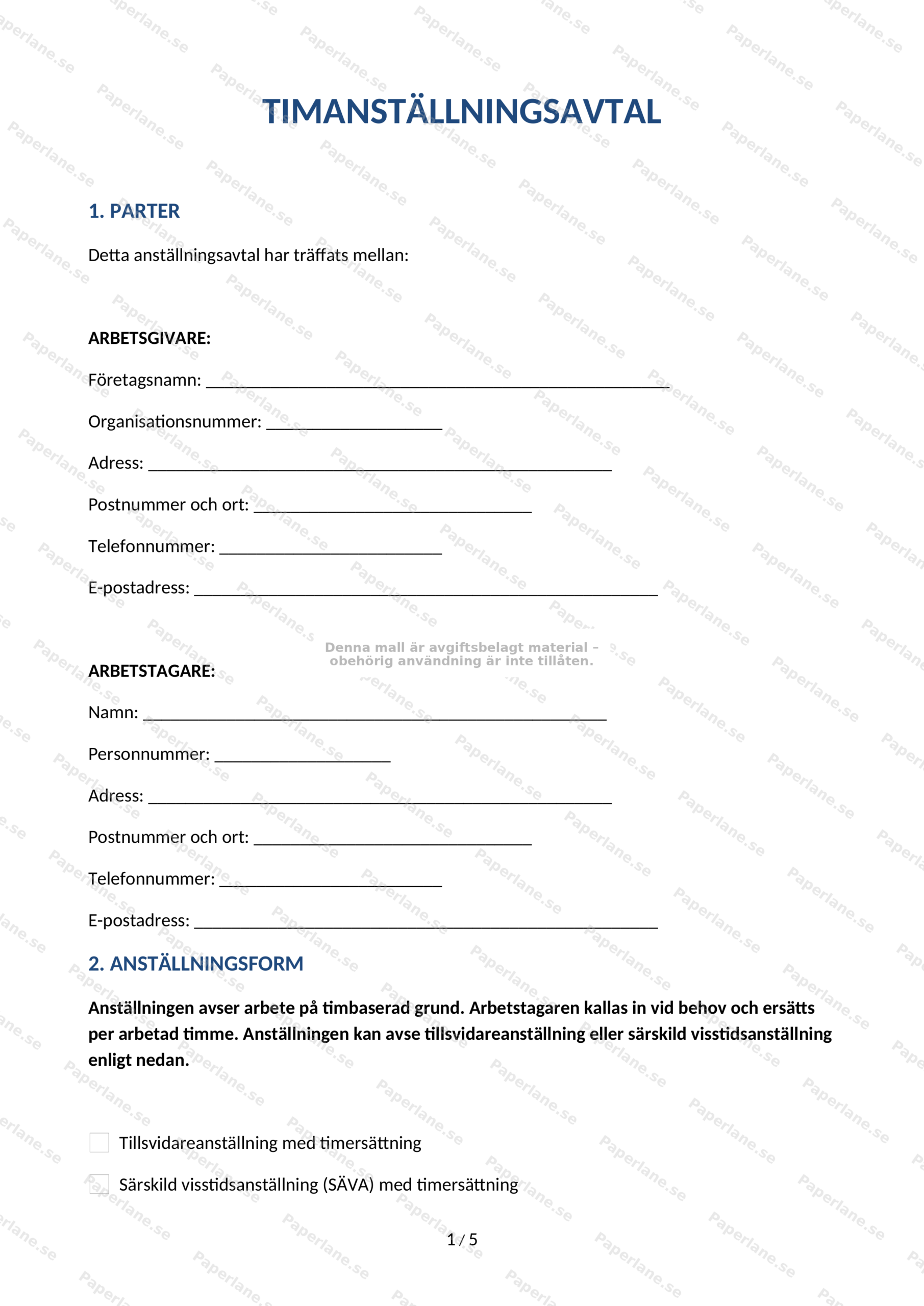 Första sidan av timanställningsavtal i A4-format, textdokument med rubriker, paragrafer och plats för underskrift.