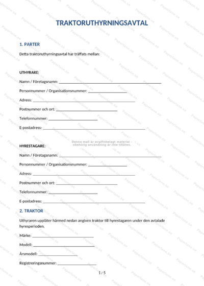 Första sidan av ett traktoruthyrningsavtal i A4-format med text och underskriftsfält