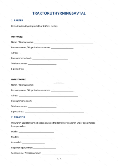 Första sidan av ett traktoruthyrningsavtal i A4-format med text och underskriftsfält