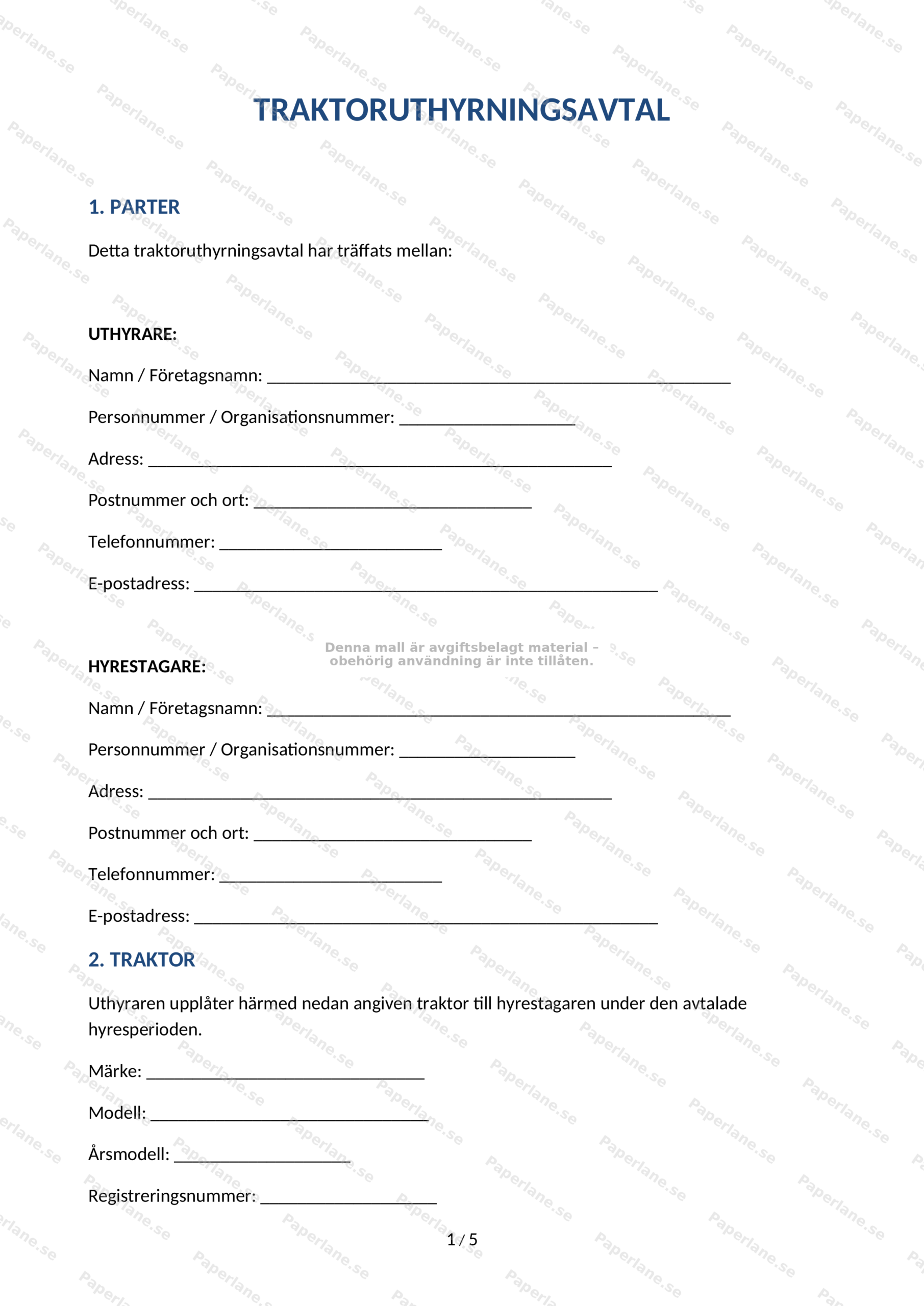 Första sidan av ett traktoruthyrningsavtal i A4-format med text och underskriftsfält