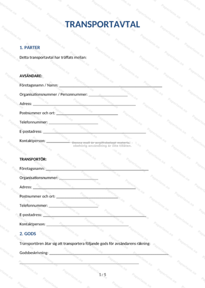 Första sidan av ett transportavtal i A4-format, formellt dokument med rubriker och text.