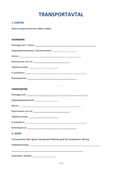 Första sidan av ett transportavtal i A4-format, formellt dokument med rubriker och text.